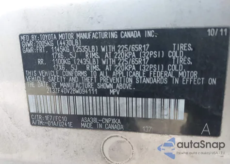 2011 Toyota Rav4 z USA, uszkodzony, nr VIN 2T3ZF4DV2BW094111